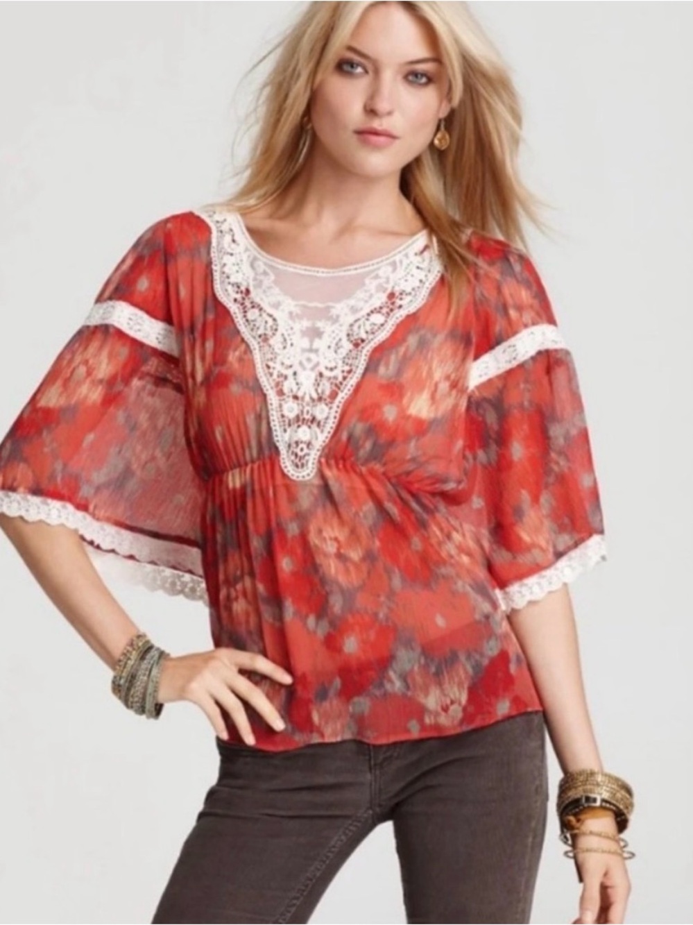 Free People daydreamer sheer Red Floral Lace-Trim & embroidered Boho Tunic